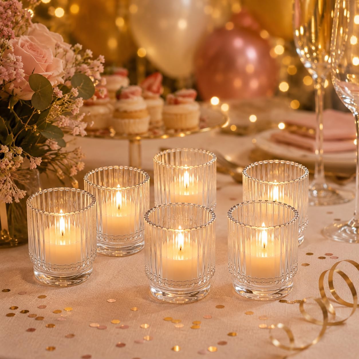Kate Aspen Vintage Ribbed Red Glass Candle Holders Set of 6 - Votive & Tealight Candle Holder Decor for Holiday Table Decor, Christmas Dining Tablescape, Fall & Boho Home Accents (Clear)