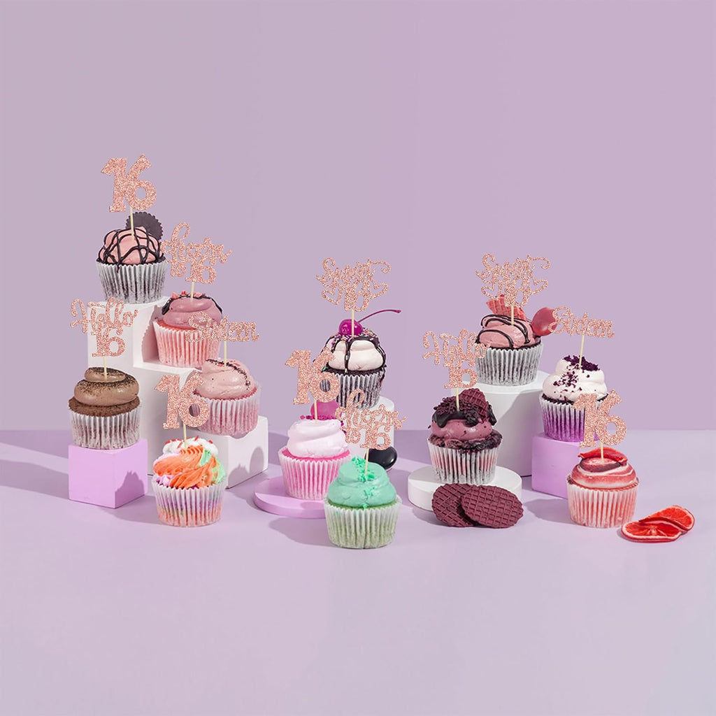30Pcs 16th Birthday Cupcake Toppers Sixteen Happy 16th Cupcake Picks Cheers to 16 Sweet 16 Cake Decorations for Anniversary Party Supplies Rose Gold Glitter