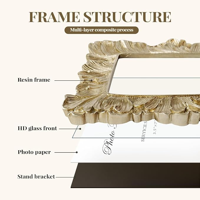 Cuspin Small Gold Picture Frame 3x5 Frames, Vintage Gold Palm Leaves Textured Hand-Crafted Resin with Glass Front Elegant Retro Vintage Design Photo Frame for Wall and Tabletop Display Home Decor