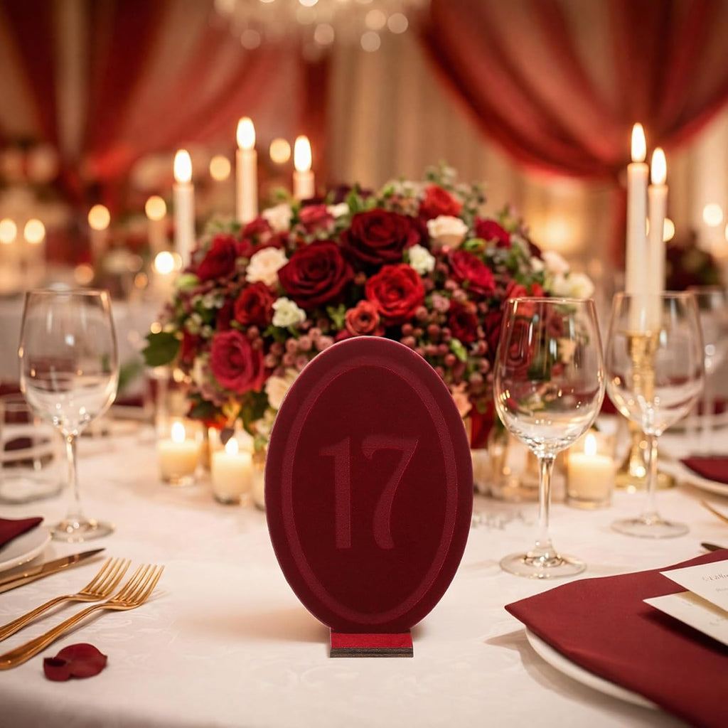 Yookeer Wedding Velvet Table Numbers 1-20 Wood Wedding Bar Sign with Stand Burgundy Oval Table Numbers for Reception Wooden Tables Markers for Anniversary, Event, Party