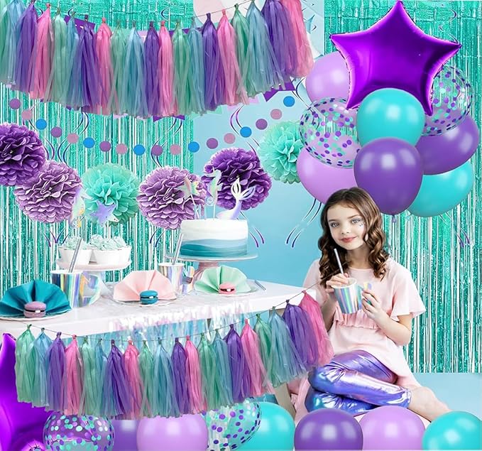 Blue Purple Mint Green Pink Tissue Paper Tassel Garland,Tissue Tassel Banner for Party Decorations,Pack of 20
