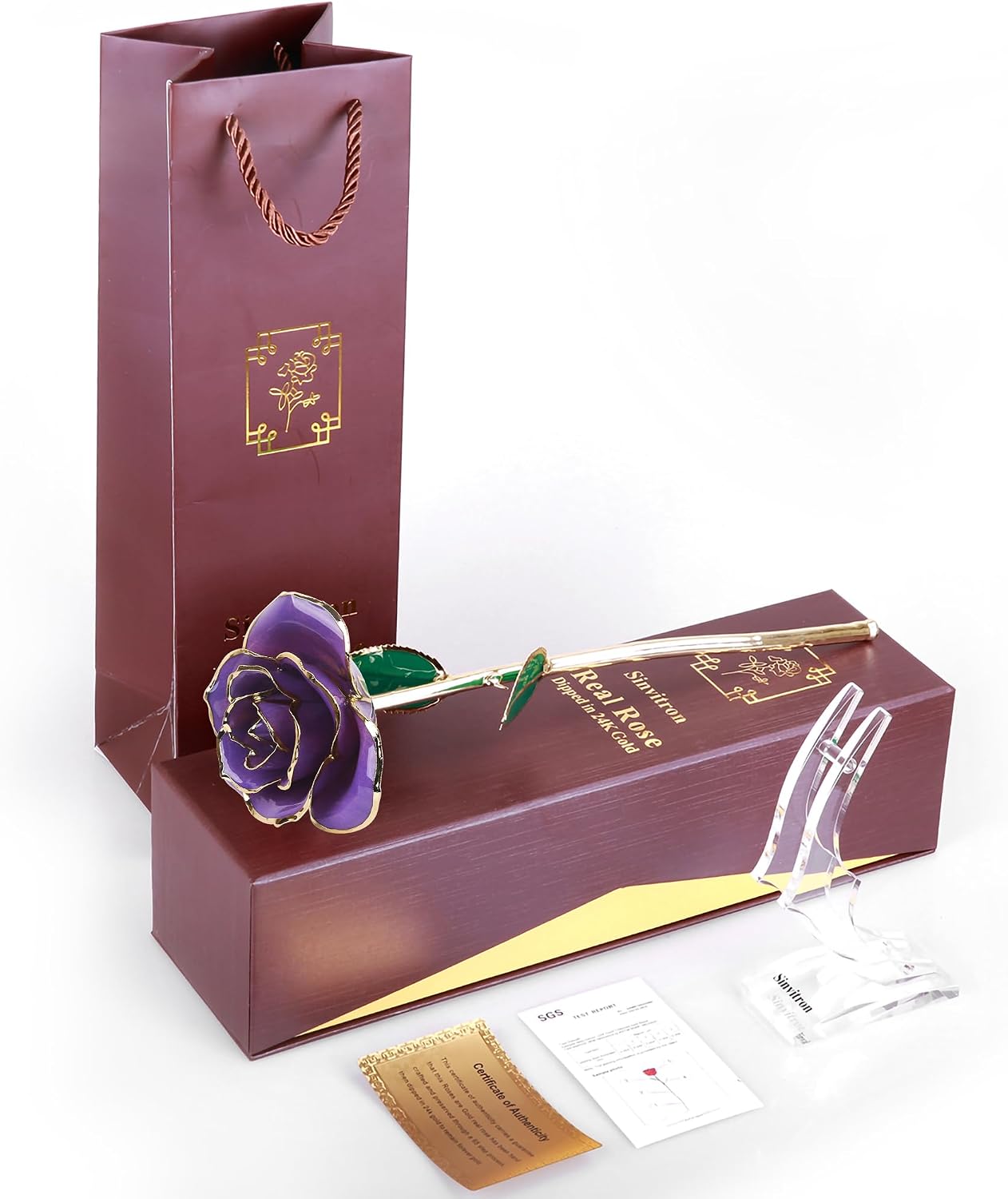 Sinvitron Gold Dipped Infinity Rose - Eternal Resin-Preserved Rose | Forever Flower Decor for Birthdays, Mother’s Day, Anniversaries | Unique Gift for Women, Mom, Wife (Lavender Purple)