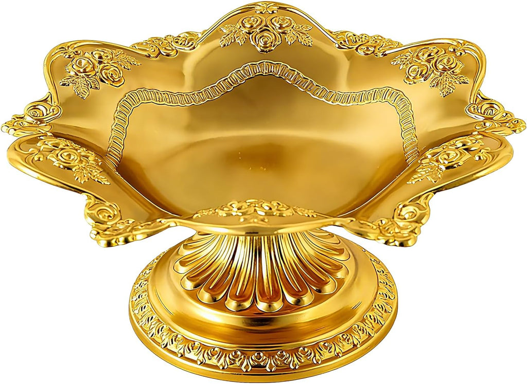 Golden Fruit Bowl for Kitchen Counter, Christmas Decorative Bowl for Home Decor, Serving Tray for Candy Dish Pedestal Floating Flowers Diwali Candles, Buddhist Offering Plate