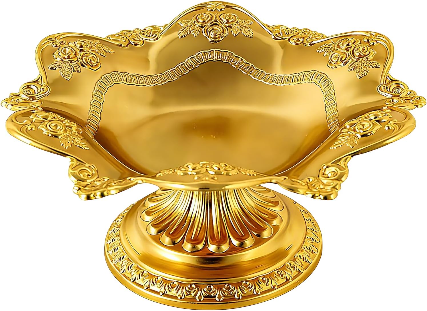 Golden Fruit Bowl for Kitchen Counter, Christmas Decorative Bowl for Home Decor, Serving Tray for Candy Dish Pedestal Floating Flowers Diwali Candles, Buddhist Offering Plate