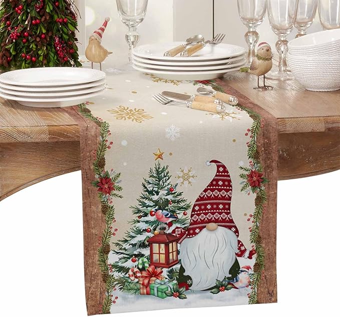 Christmas Gnomes Cotton Linen Table Runner for Dining Kitchen, Xmas Pine Tree Snowflake Rustic Wedding Outdoor Party Tablerunners Decoration, Retro Wood Dresser Scarf Tablecloth Runners 13x90 Inches