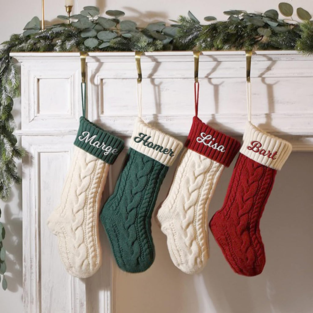 SearchI Personalized Christmas Stocking, 18 Inches Large Custom Family Christmas Stocking with Names Customized Knit Embroidered Xmas Stockings Initial Knitted Fireplace Hanging Stockings (6 Pcs)