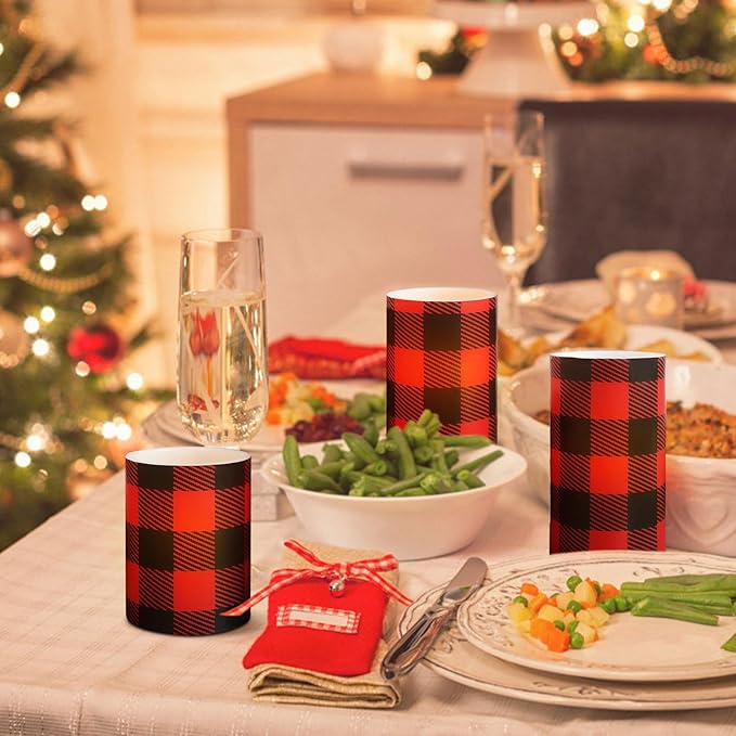 Silverstro Christmas Red Flameless Candles: Farmhouse Theme Flickering Real Wax Buffalo Check Decorative Candles with Remote - Home Party Bathroom Room Christmas Decorations - Set of 3