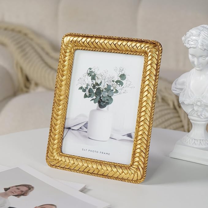 Cuspin 5x7 Gold Picture Frame, Ornate Decorative Rattan Resin Photo Frame, Gold Frames Braided Design for Tabletop Display or Wall Hanging, Elegant Home Decor