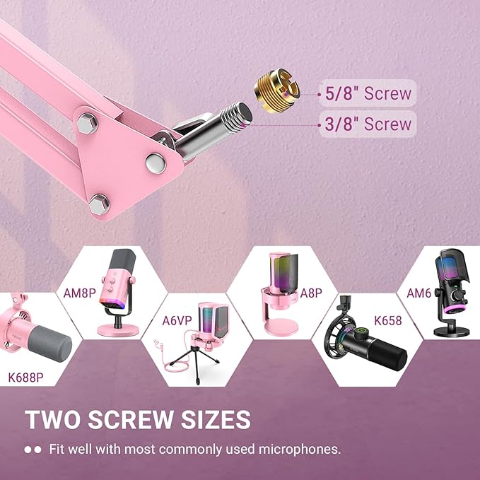 FIFINE Boom Arm Mic Stand, Microphone Arm with Desk Mount for Podcast Streaming Gaming Home Studio, Metal Suspension Scissor Boom Mic Stand-CS1 Pink
