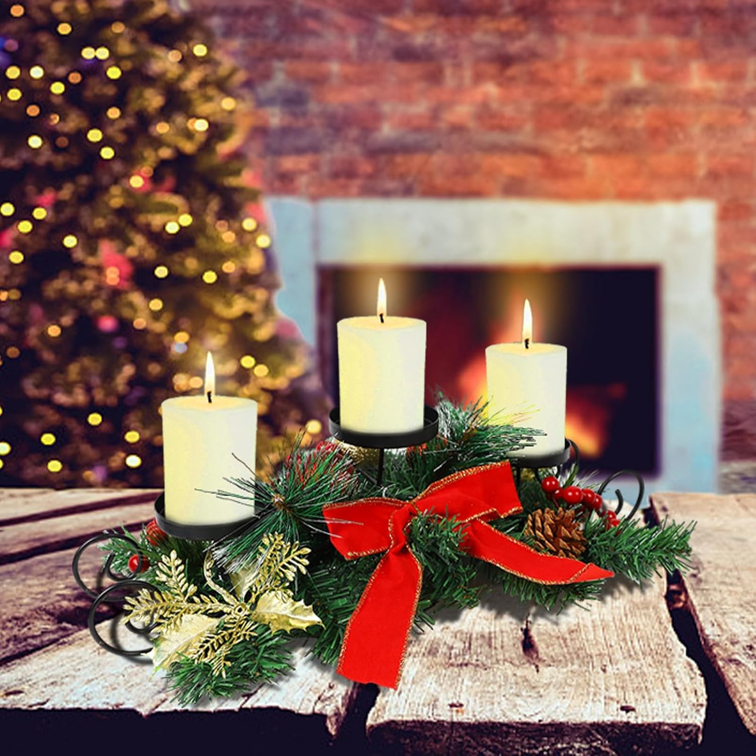 MorTime Christmas Candle Holder Centerpiece, Xmas Tabletop Decor with Red Bow Berries Pinecones, Table Centerpiece with Steel Base for Christmas Decoration