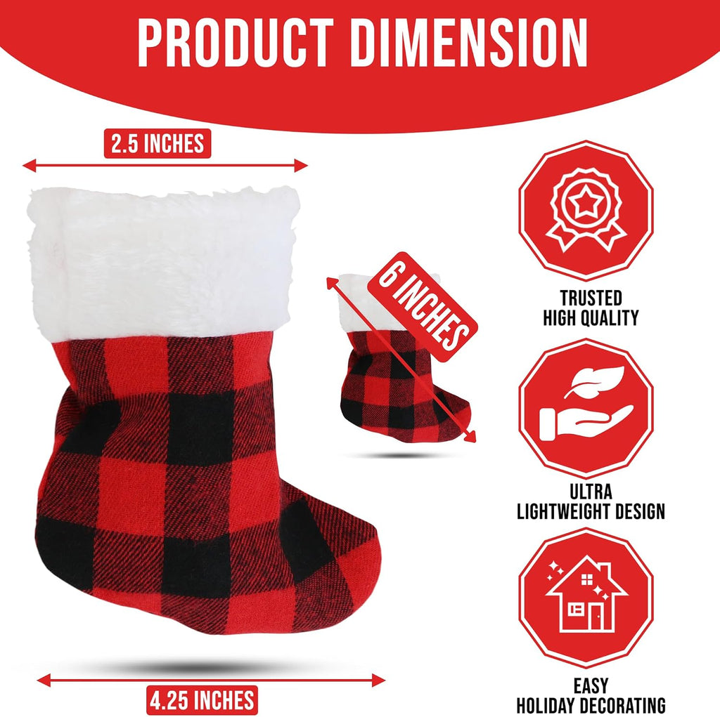 Iconikal 24-Pack Mini Christmas Stockings, 6-Inch, Red Buffalo Plaid Decoration Ornament
