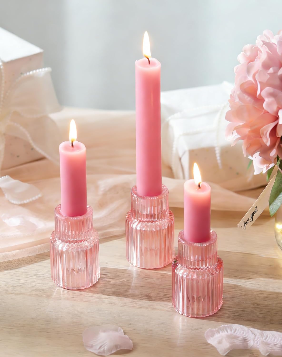 Romadedi Pink Glass Candle Holders - Set of 2 Ribbed Candlestick Holder for Table Centerpiece Elegant Taper Holder for Wedding Birthday Party Baby Showers Valentines Mother's Day Christmas