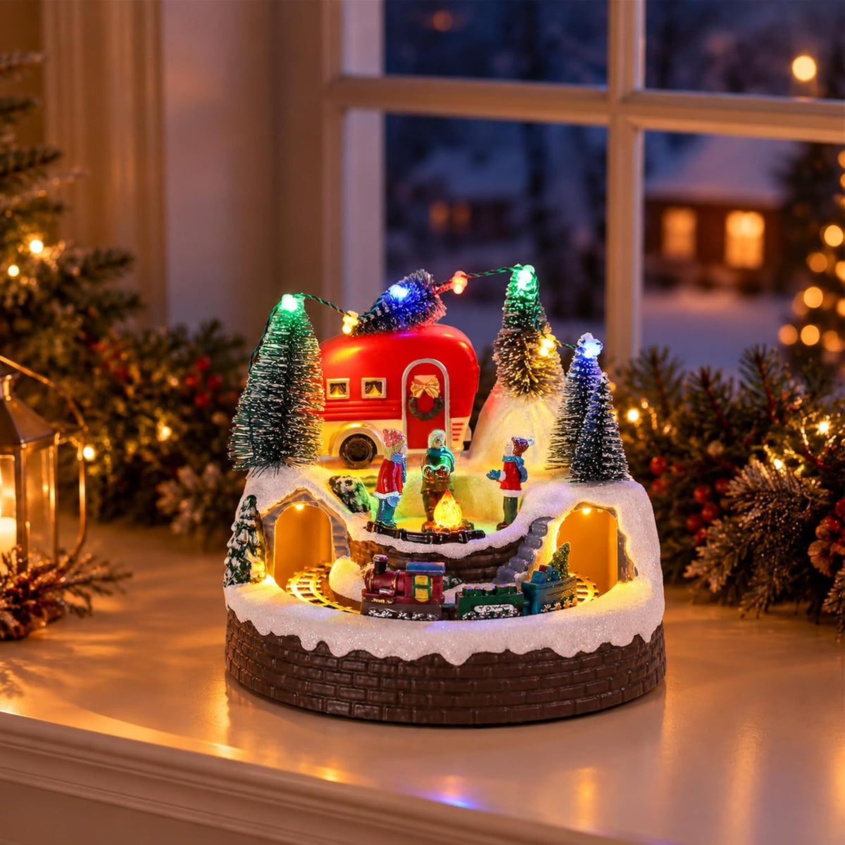 mumtop animated christmas village camper with moving train, front angle view