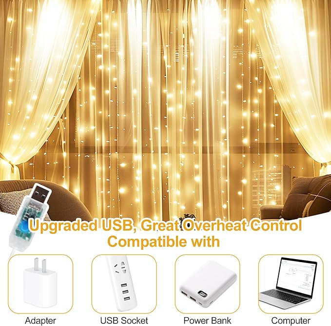 2 Pack Fairy Curtain Lights Upgraded Tangle-Free Warm White USB Plug in 8 Modes String Hanging Lights with Remote for Christmas, Bedroom, Indoor, Outdoor, Weddings, Party (6.6FTx6.6FT)