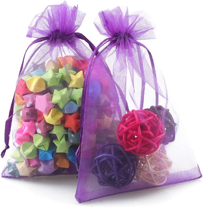 G2PLUS Purple Organza Bags 4x6 in, 100PCS Drawstring Organza Bags, Sheer Mesh Jewelry Pouches, Lavender Wedding Party Festival Gift Bag Candy Pouches for Mother's Day, Party Favors