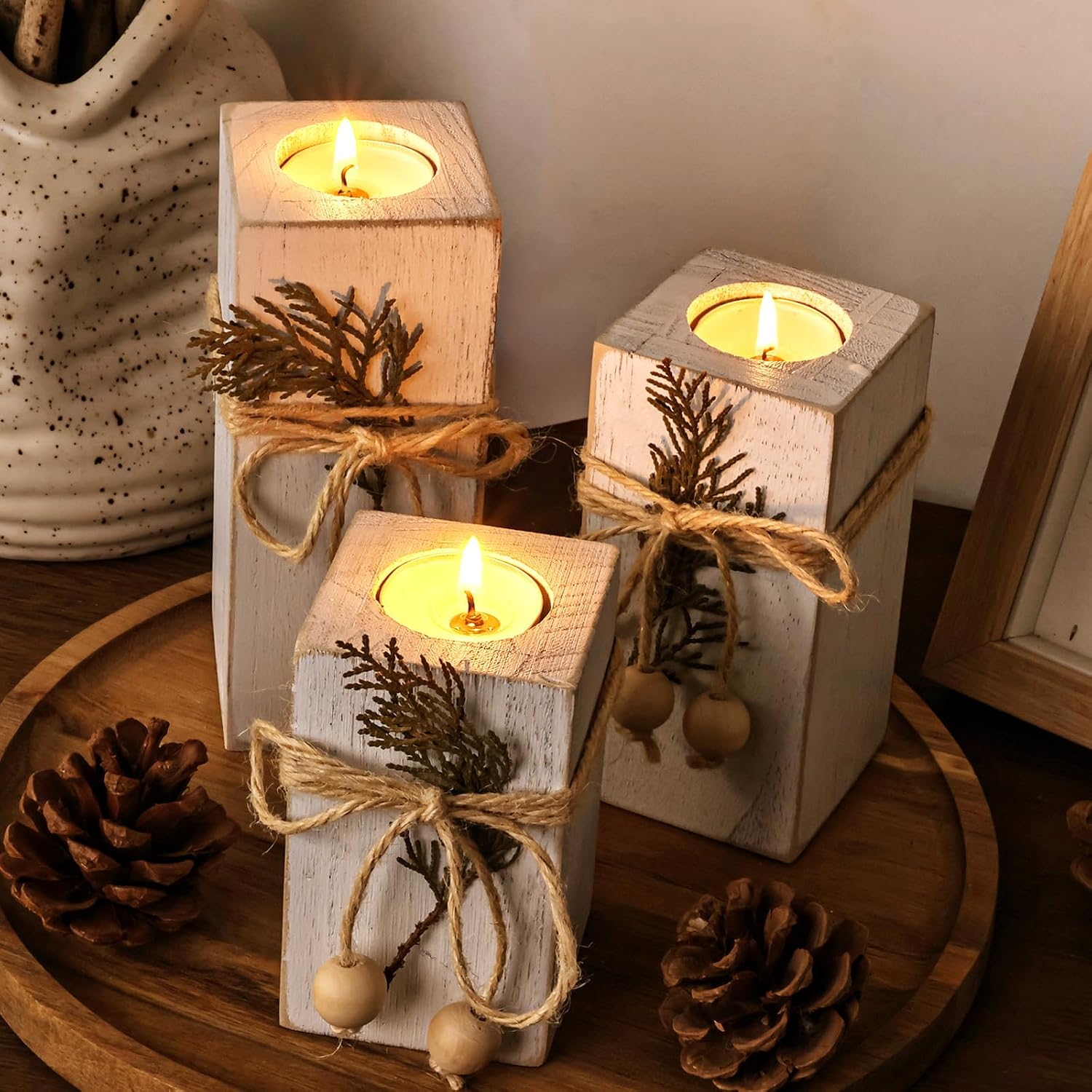 MelonBoat Rustic Flameless LED Candles 3-Pack, Battery Operated Candles with Wooden Candle Holders, White Rustic Farmhouse Decor, Farmhouse Candle Holder for Valentines Holiday Party Home Decor