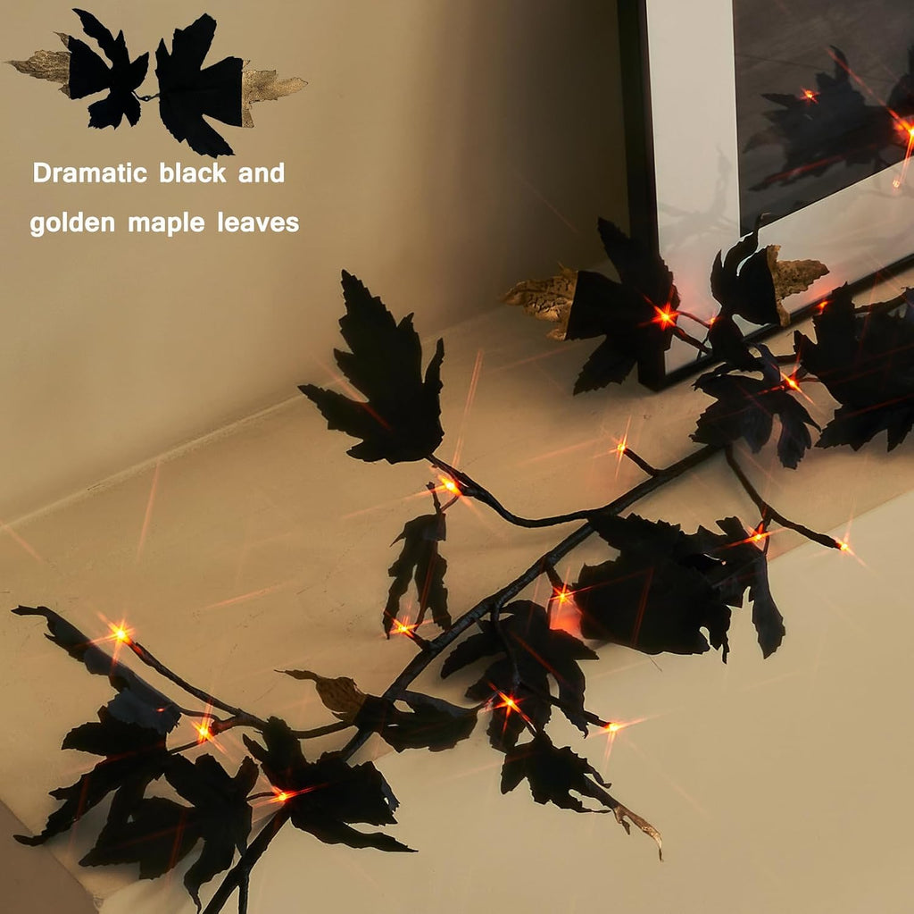 birchlitland halloween black maple garland with lights timer on a desk or shelf