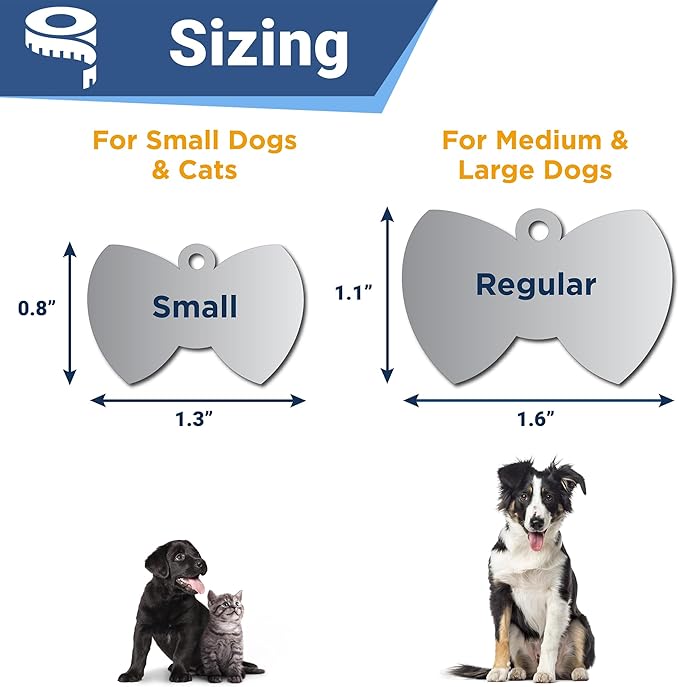 GoTags Stainless Steel Pet ID Tags, Personalized Dog Tags and Cat Tags, up to 8 Lines of Custom Text, Engraved on Both Sides, in Bone, Round, Heart, Bowtie and More (Bow Tie, Regular (Pack of 1))