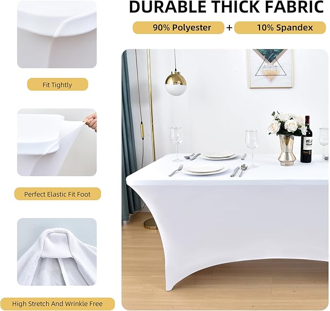 10-Pack 4ft White Spandex Table Covers for Rectangular Folding Tables - Wrinkle Resistant Stretch Tight Table Cloths - Fitted Table Protector for Parties, Trade Shows, Banquet, and Wedding