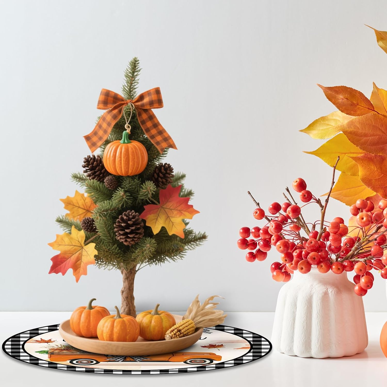 15 Inch Fall Tree Skirt Reversible Halloween Double Sided Print Mat Christmas Party Supplies for Funny Autumn Halloween Holiday Party Indoor Decoration Home Decor