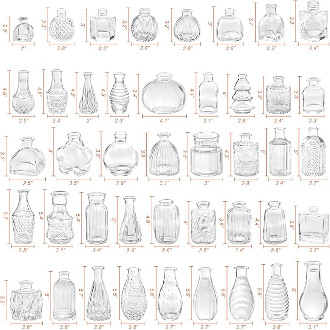 65PCS Glass Bud Vase Set, Different Small Vases for Flowers, Clear Centerpieces, Mini in Bulk Rustic Wedding Decorations, Vintage Look Home Table Flower Decor