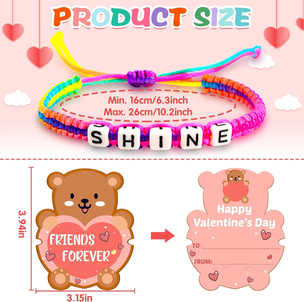 Gofriipai Valentines Day Cards for Kids School with Bracelets 24 Pack, Valentines Day Gifts for Kids Classroom with Friendship Bead Bracelets, Exchange Gift Valentine Party Favors for Kids Girls Boys