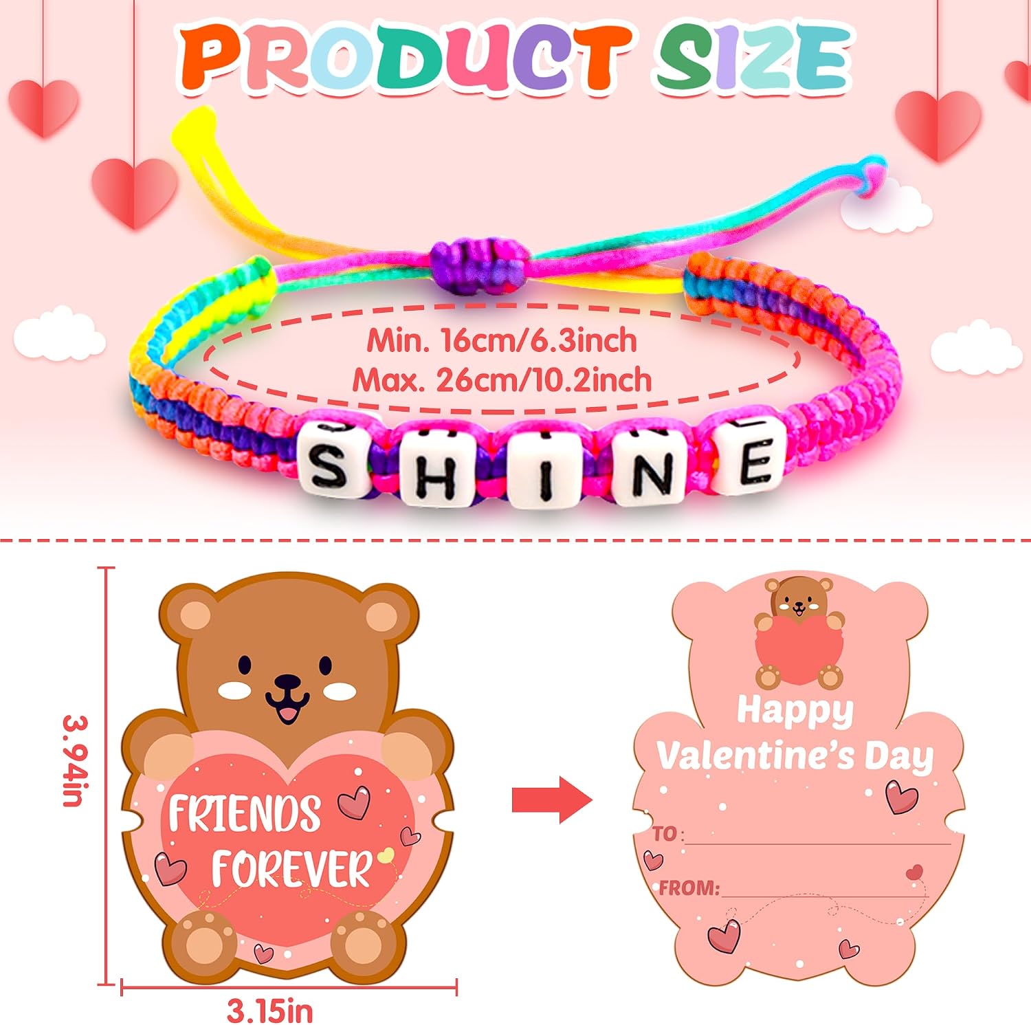 Gofriipai Valentines Day Cards for Kids School with Bracelets 24 Pack, Valentines Day Gifts for Kids Classroom with Friendship Bead Bracelets, Exchange Gift Valentine Party Favors for Kids Girls Boys