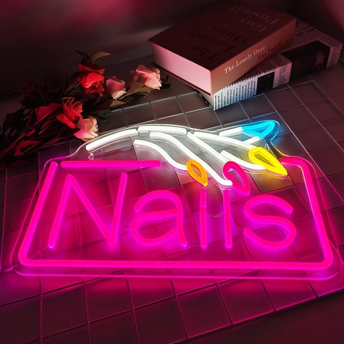 Nails Neon Sign Nail Salon Room Decor Window Wall Art for Nail Shop Storefront USB Powered 15.7"x10.7"