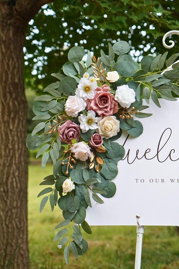 Wedding Sign Faux Flower Swag (Pack of 2) for Ceremony Party Reception Entrance Floral Decor Wall Easel Stand for Wedding Poster Welcome Sign (Champagne&Dusty Rose)