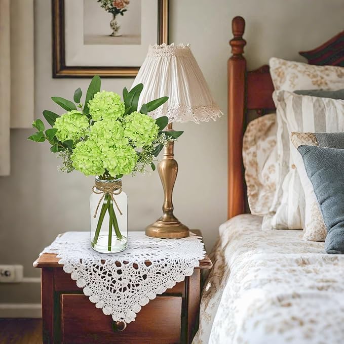 Hollyone Green Hydrangea Artificial Flowers in Clear Glass Vase with Faux Water Silk Hydrangeas Fake Flowers Floral Arrangement for Home Bathroom Kitchen Office Table Centerpiece Shelf Decorations