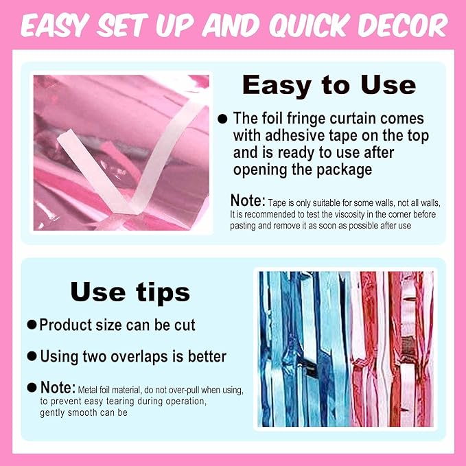 6 Pack Pink Blue Foil Fringe Curtains Backdrop, 3.28 x 8.2 Ft Metallic Streamers Tinsel Curtains Background for Photo Booth, Birthday, Weddings, Carnivals, Graduation, Themed Party Decorations