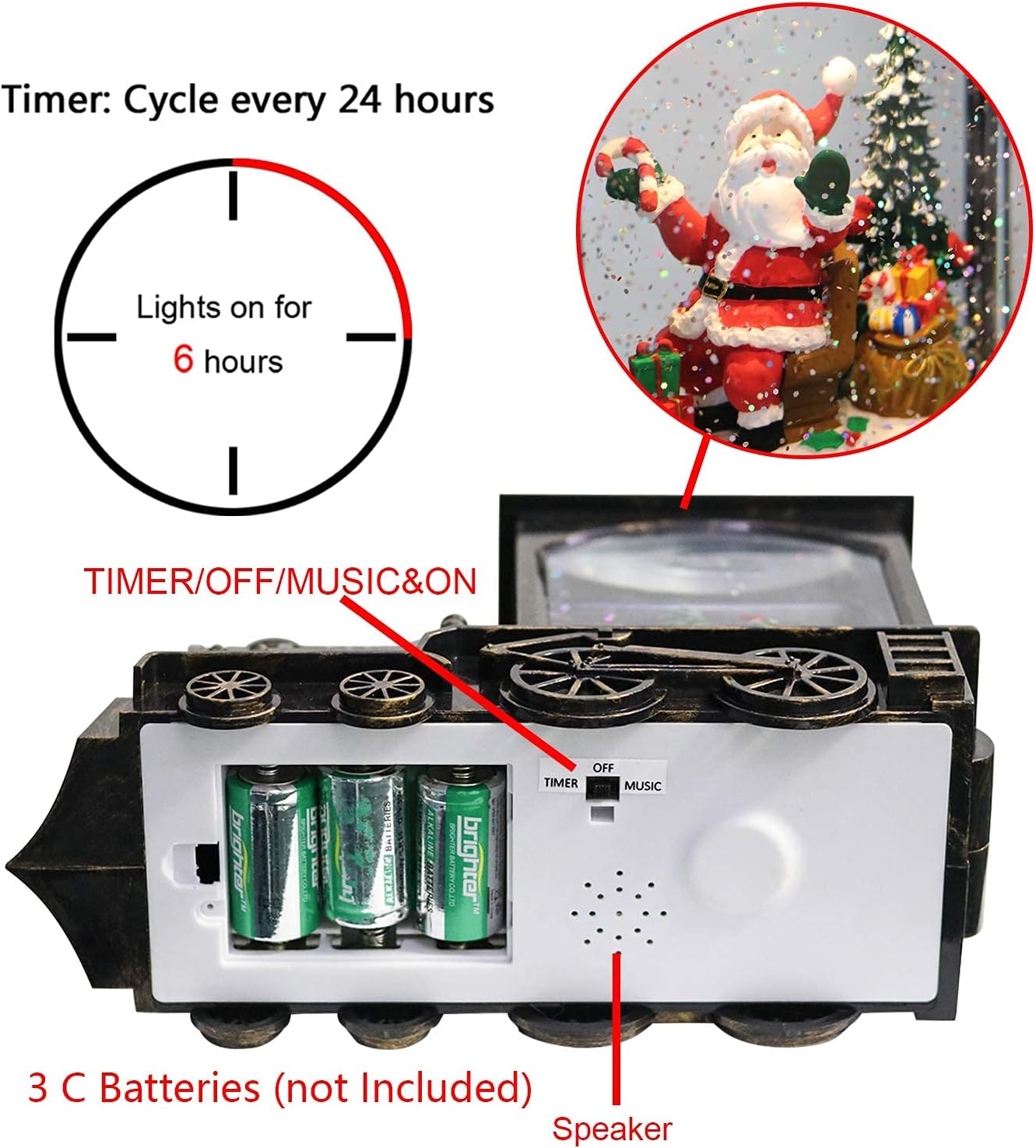 Christmas Musical Snow Globe Lantern Battery Operated with 6 Hour Timer, Santa Lighted Snow Globe Train Spinning Water Swirling Glitter Christmas Decoration Gifts(10.6 x 4.3 x 8.3 Inches)
