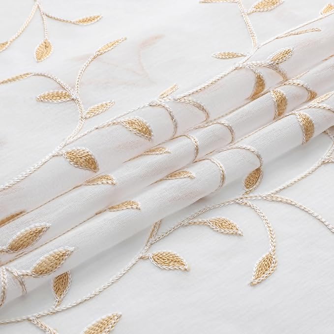 VISIONTEX White Sheer Voile Curtains, Decorative Orange Leaves Embroidery Faux Linen Rod Pocket Window Drapes for Home Kitchen, Living Room and Bedroom 54 x 108 Inch, Set of 2 Curtain Panels