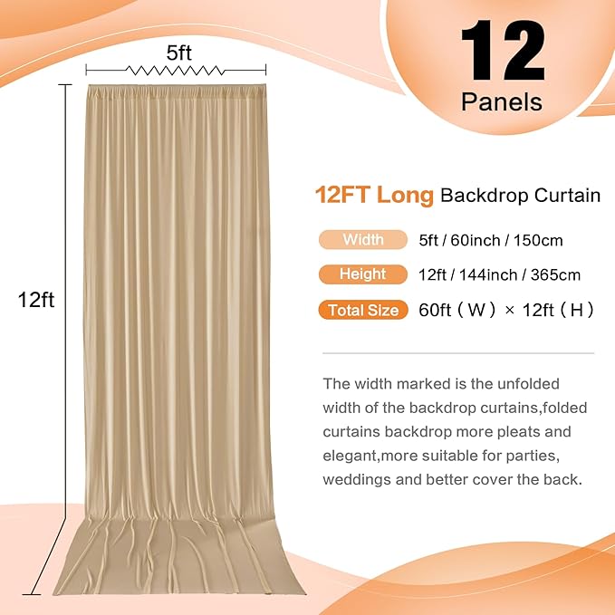 60×12 ft Wrinkle Free Beige Backdrop Curtain for Wedding Parties, 12 Panels 5×12ft Long Silky Polyester Photo Backdrop Drapes for Birthday Baby Shower Photography Stage Evnets Background Cloth