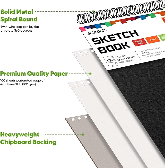 Professional Drawing Supplies for Sketch, Charcoal, Colored, Graphite, Pastel Pencils & Sticks. Soucolor 2-Pack 9" x 12" Sketch Book, 200 Sheets Spiral Bound 68lb/100gsm Paper for Kids Adults Artists
