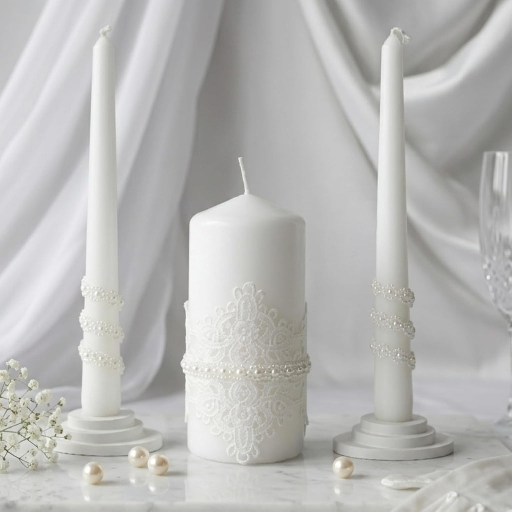Unity Candle Set - Wedding Ceremony & Reception – 6” Pillar & Two 10” Taper Candles – Long Burning Unity Candles for Marriage Ritual – Handmade in USA – White | Lace
