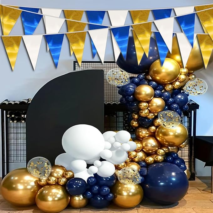 65FT Navy-Blue White Gold Triangle Pennant Banner Flag Metallic Fabric Bunting Garland for Christmas Graduation Retirement Birthday Wedding Bridal Shower Nautical Ahoy Achor Party Decorations Supplies