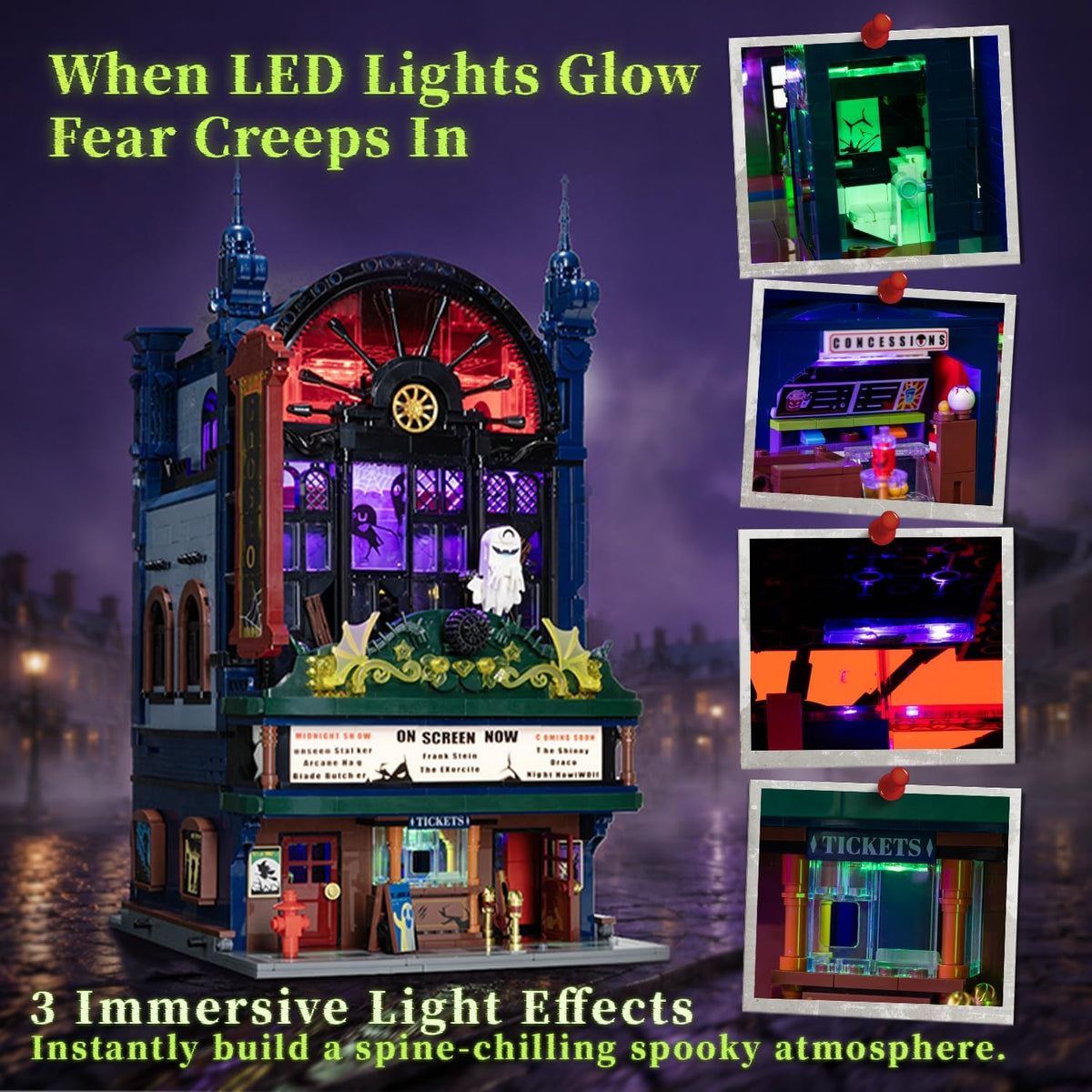pantasy ghost cinema building set with integrated led, close-up detail