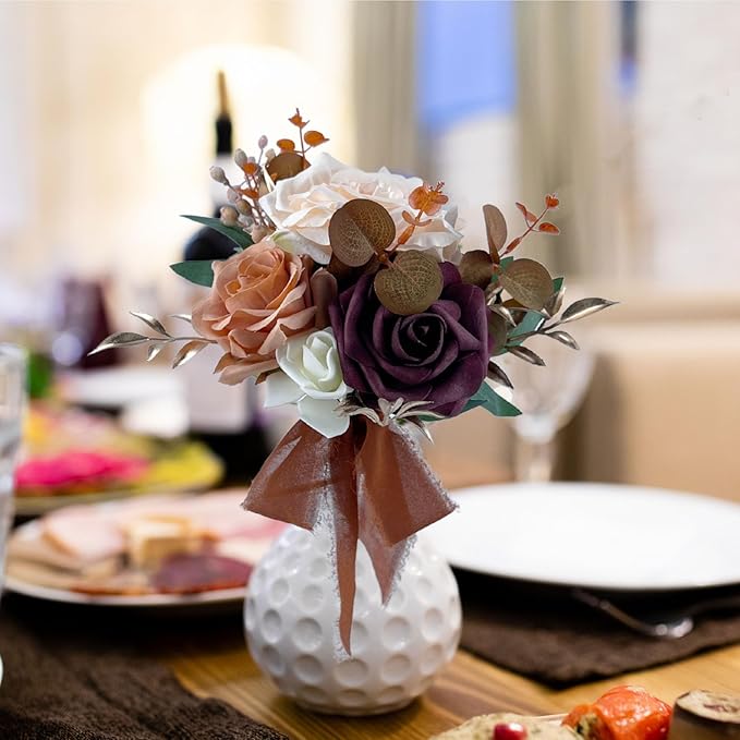 CherishedMoments Set of 6 Assorted Flower Centerpieces Mini Floral Wedding Flowers Set for Fall Wedding Table Centerpieces Decoration, Burnt Orange Bouquets and Home Decor