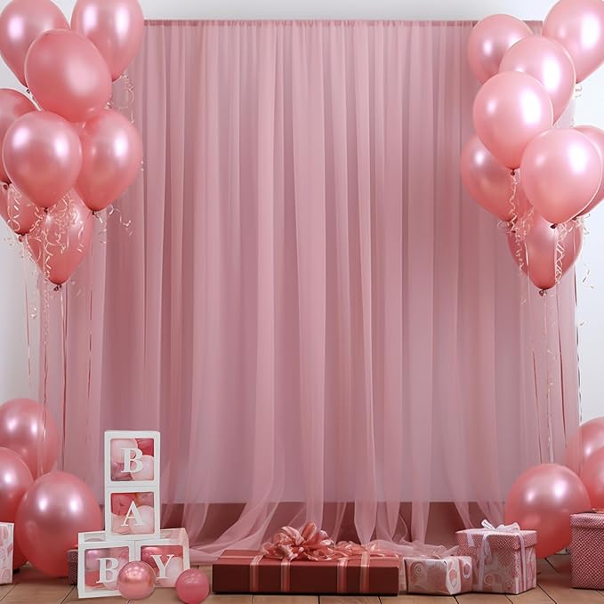 10x10ft Dusty Rose Tulle Backdrop Curtain for Parites, Sheer Backdrop Curtains for Wedding Baby Shower Birthday Party Photo Shoot Decorations