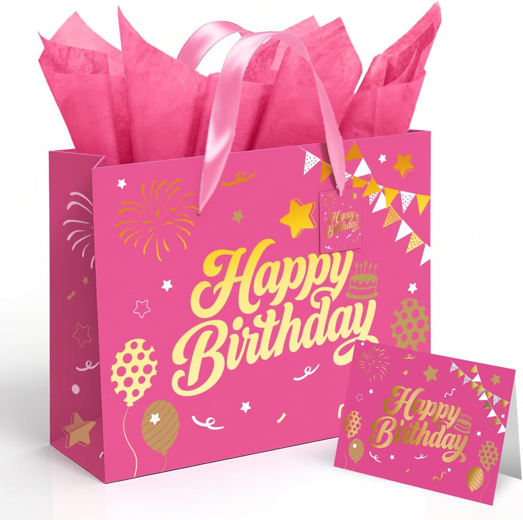 13” Pink Birthday Gift Bag with Tissue Paper and Greeting Card, Happy Birthday Gift Bags for Party, Hot Foil Stamping Design Gift Wrap Bags Decor for Women and Kids, 1 PCS, Medium Size