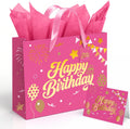13” Pink Birthday Gift Bag with Tissue Paper and Greeting Card, Happy Birthday Gift Bags for Party, Hot Foil Stamping Design Gift Wrap Bags Decor for Women and Kids, 1 PCS, Medium Size