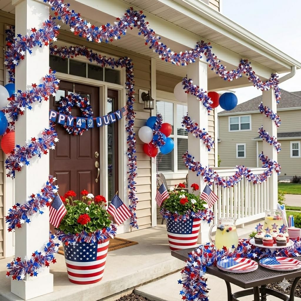 4th of July Garland, 50Ft Red White Blue Tinsel Patriotic Decor – Golf Cart Car Parade Boat Tree Outdoor Indoor, Memorial Day 250th Anniversary Independence Day Party