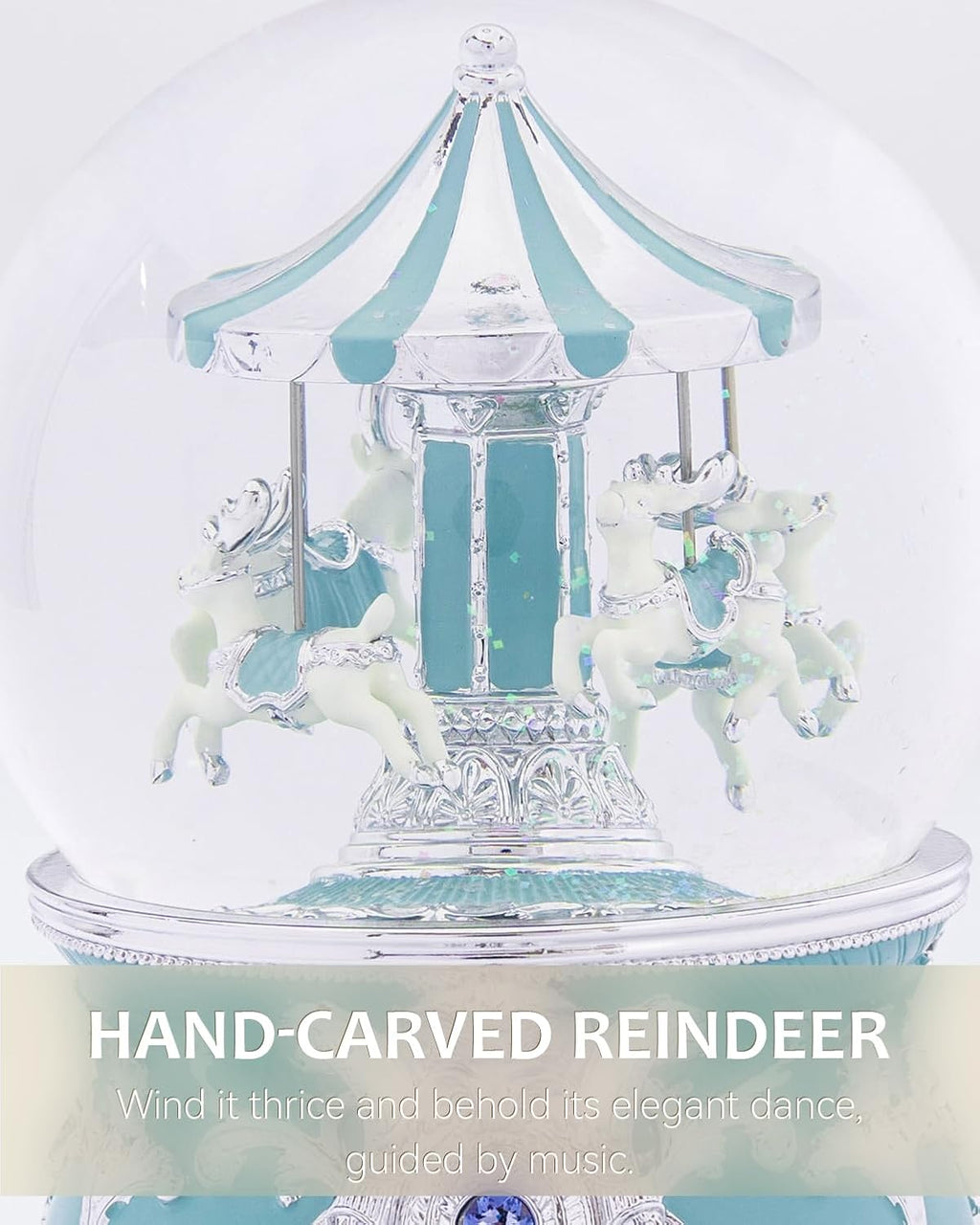 Reindeer Carousel Snow Globe Music Box - Wind Up Musical Christmas Valentines Day Ornament with Silver Blue Design, Romantic Indoor Christmas Decorations, Festive Gift for Couples, Kids & Adults