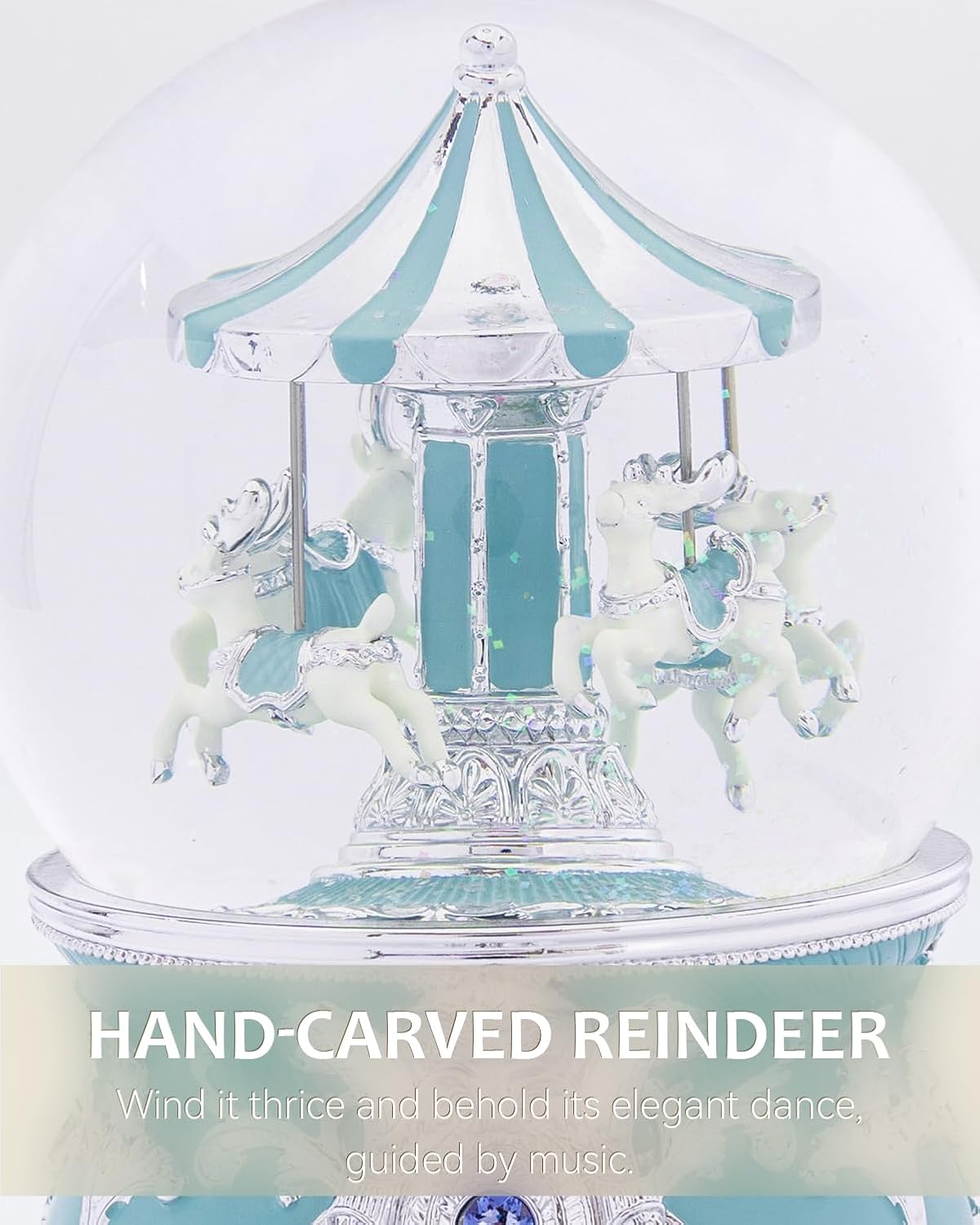 Reindeer Carousel Snow Globe Music Box - Wind Up Musical Christmas Valentines Day Ornament with Silver Blue Design, Romantic Indoor Christmas Decorations, Festive Gift for Couples, Kids & Adults