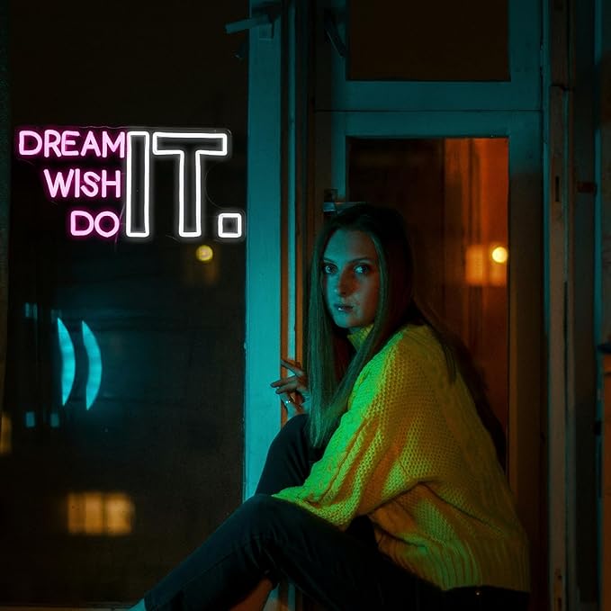 Dream It Wish It Do It Neon Sign Dimmable Letters Neon Light Signs for Wall Decor USB Power Pink White Neon Light for Bedroom Led Neon Sign for Studio Office Bar Gifts
