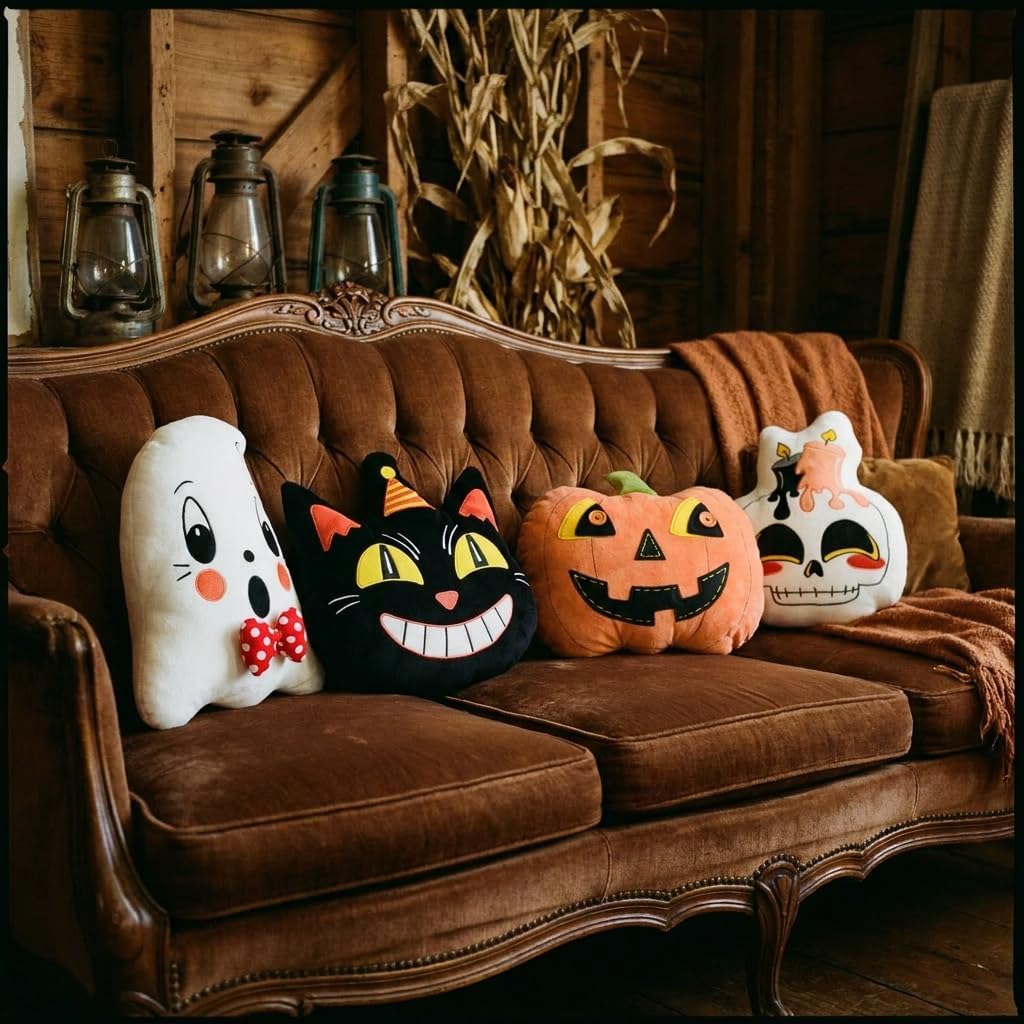 4Pcs Halloween Pillows Skeleton Ghost Black Cat Vintage Retro Traditional 90S...