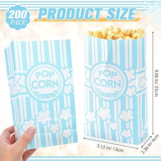 200 Pcs Paper Popcorn Bags Bulk 2 oz Large Flat Bottom Boxes Red and White Disposable Container Sleeve Movie Night Popcorn Bucket for Retro Movie Themed Party Carnival Supplies (Light Blue and White)