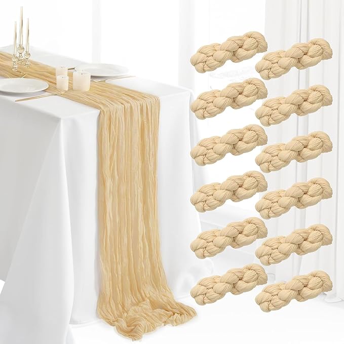 12Pcs Beige Cheesecloth Table Runner 120 Inch10FT Beige Rustic Boho Cheesecloth Table Runnerfor Wedding Party Baby Shower Birthday Home Decor Holiday Decorations