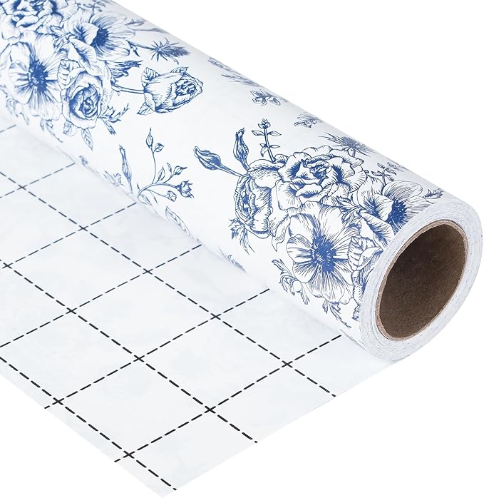 Ulmasinn Blue Floral Wrapping Paper Roll - 17 Inches x 33 Feet - Vintage Toile Blue Floral Design with Cut Lines for Upscale Gifts, Birthday, Bridal Shower, Wedding, Mother’s Day